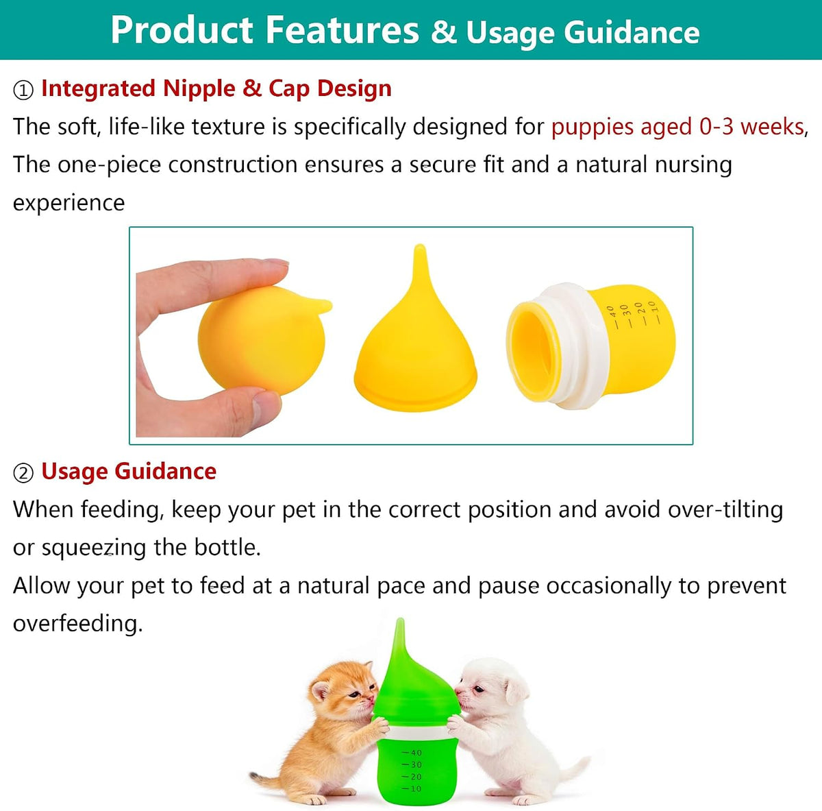 Side angle of the YeulYuuri kitten feeding feeder bottle highlighting the clear volume markings.