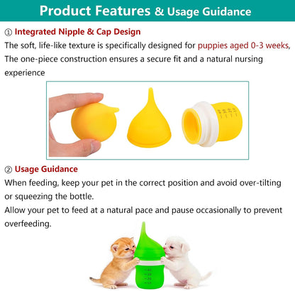 Side angle of the YeulYuuri kitten feeding feeder bottle highlighting the clear volume markings.
