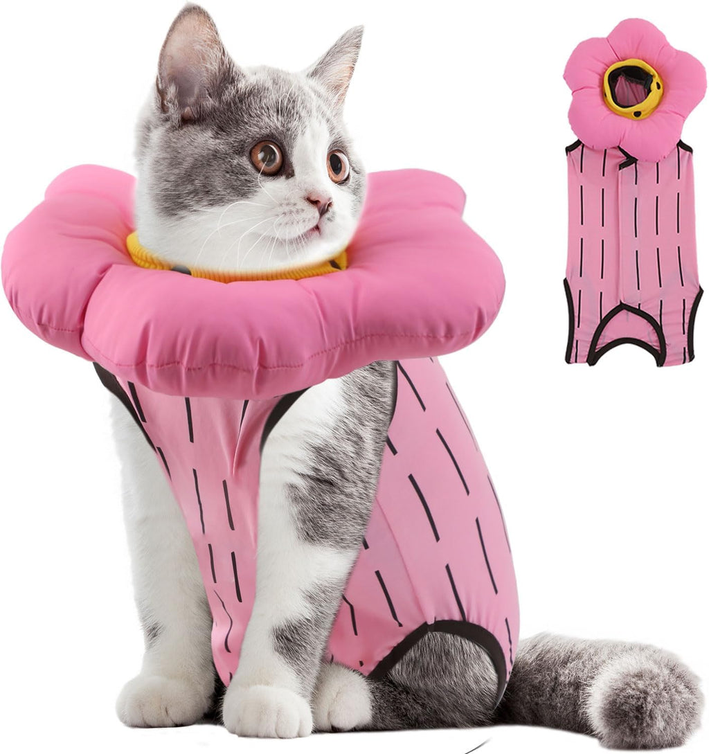 EMUST 2PCS Cat Recovery Suit and Cat Surgery Suit, Cute Cats Surgical Suit for Abdominal Wounds or Skin Diseases, Adjustable Flower Neck Cats Cone Collar Soft for 4-8lb(Green, M) - Image 10