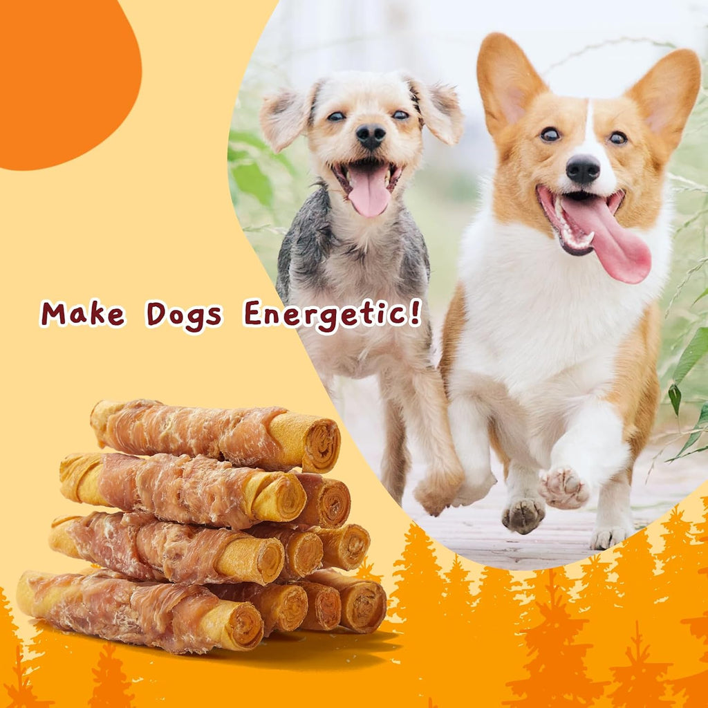 Jungle Calling authentic USA imported chicken wrapped rawhide rolls close up view