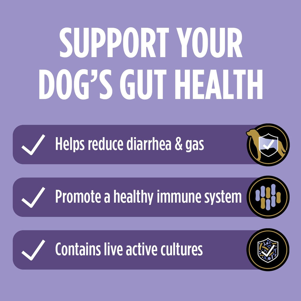 Microencapsulated dog digestive supplement packets for optimal intestinal microflora balance.