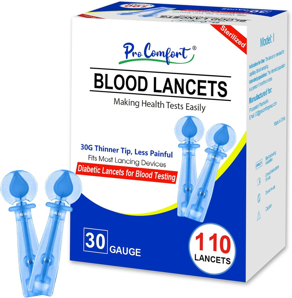 Pro Comfort twist top thirty gauge lancets front packaging view for painless blood sugar testing