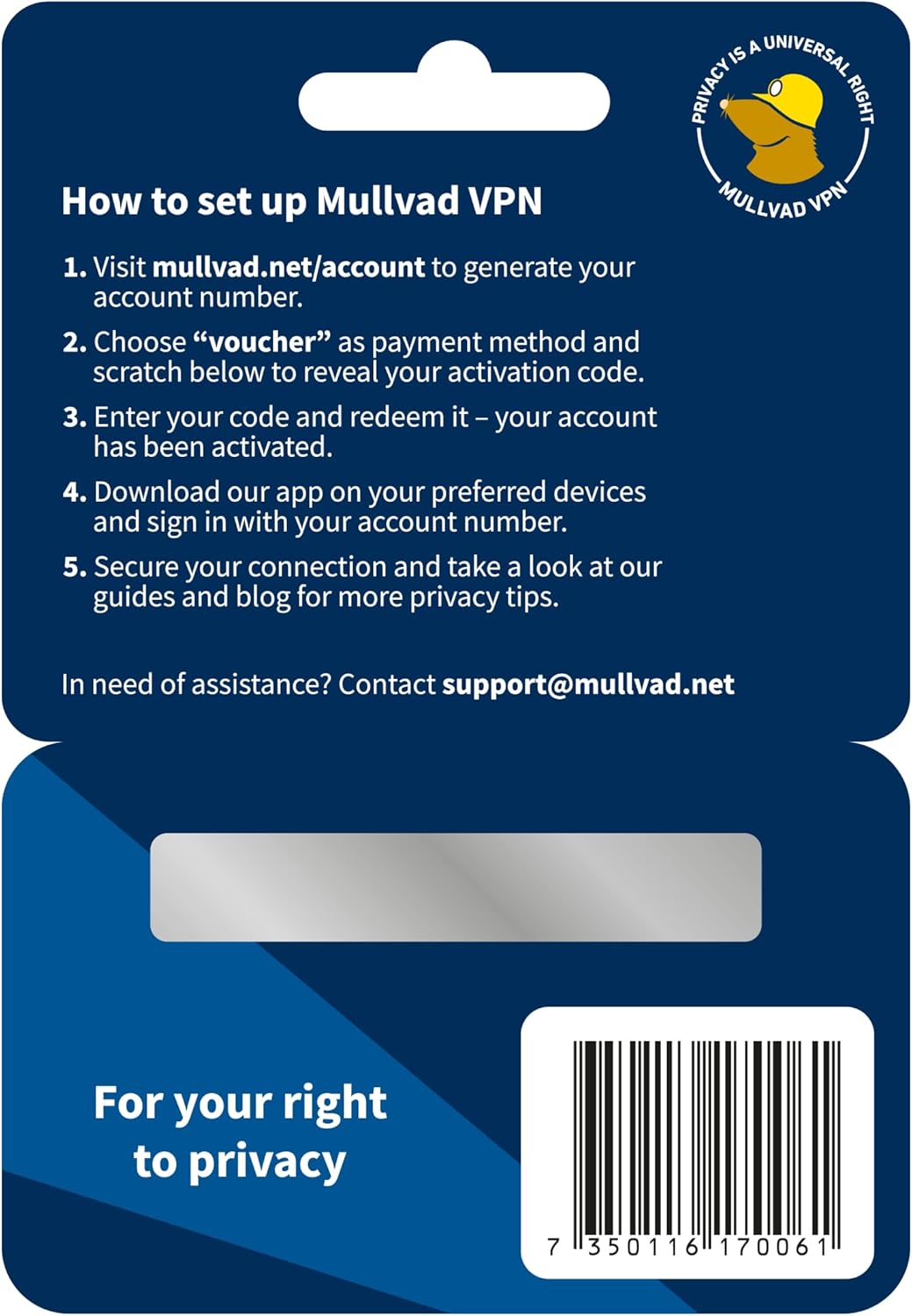 Mullvad VPN internet security software activation voucher card.