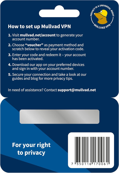 Mullvad VPN internet security software activation voucher card.