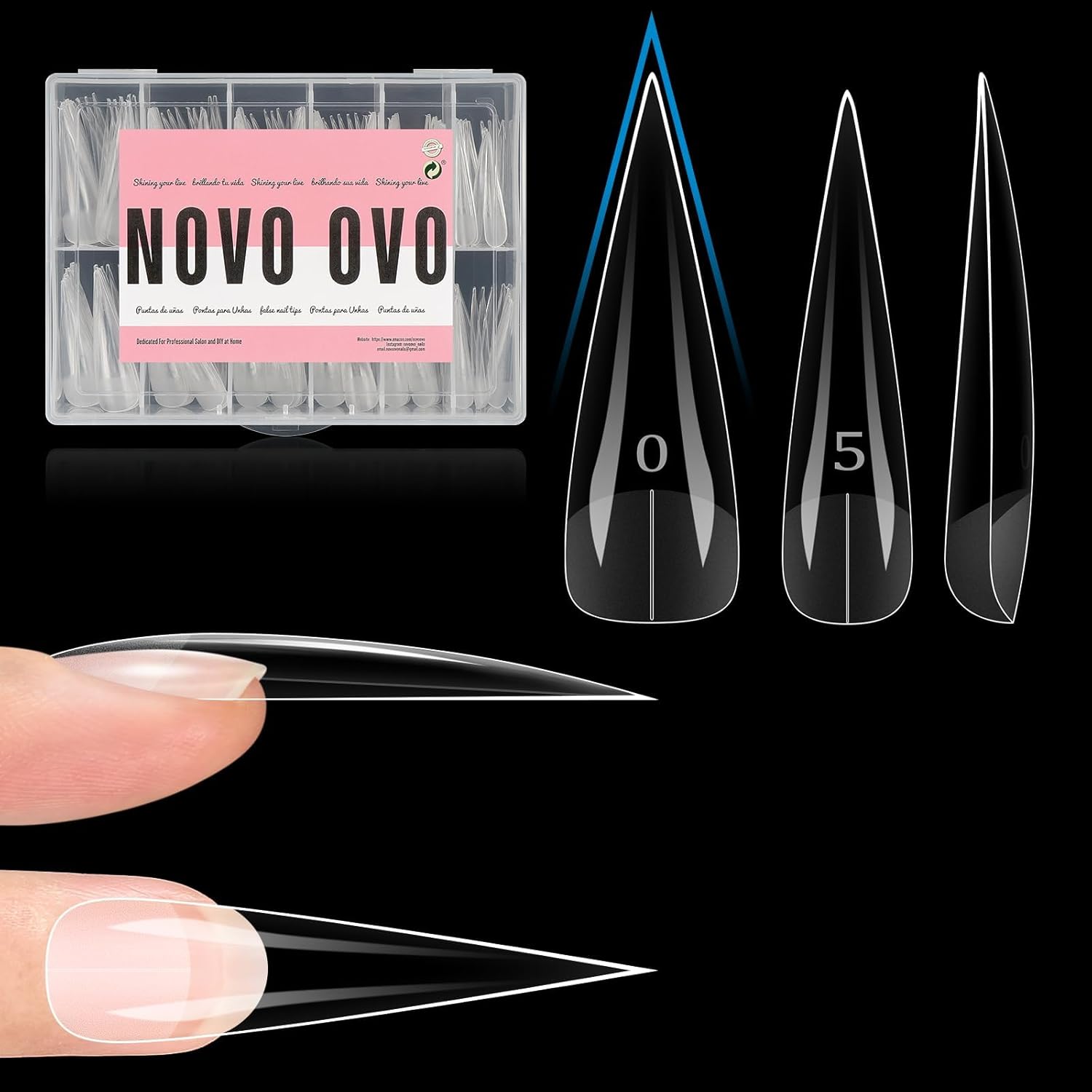 NOVO OVO XXL straight sharp stiletto nail extension tips in a clear case