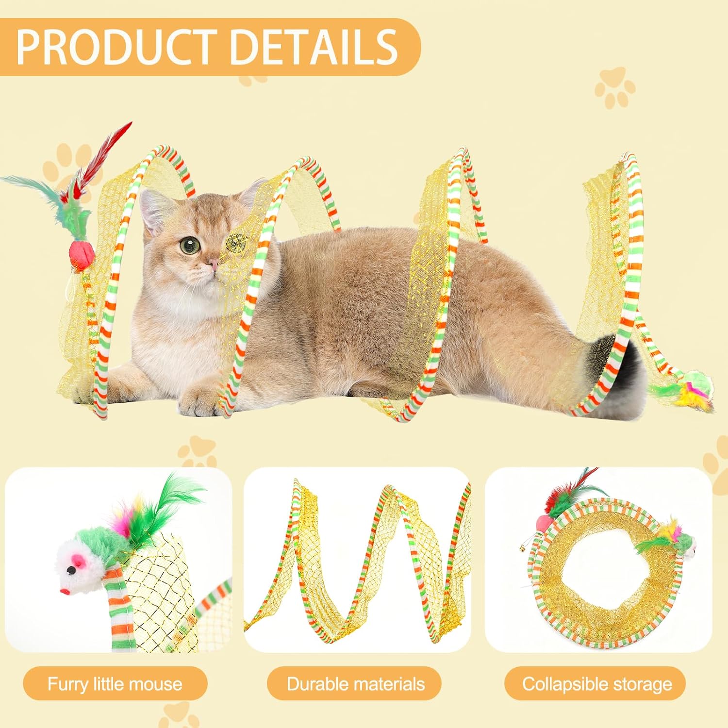 Collapsible kitten spring tunnel toy compressed flat for compact storage