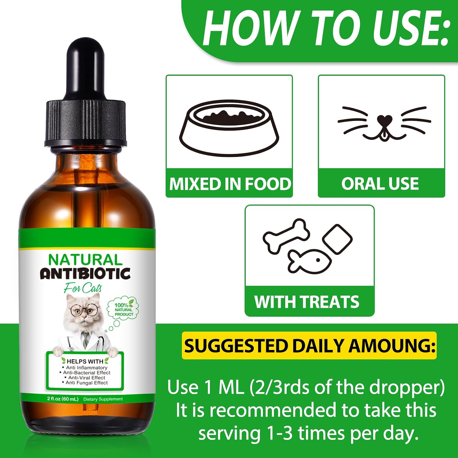 Natural antibiotic solution for feline ear infections and wound healing support.