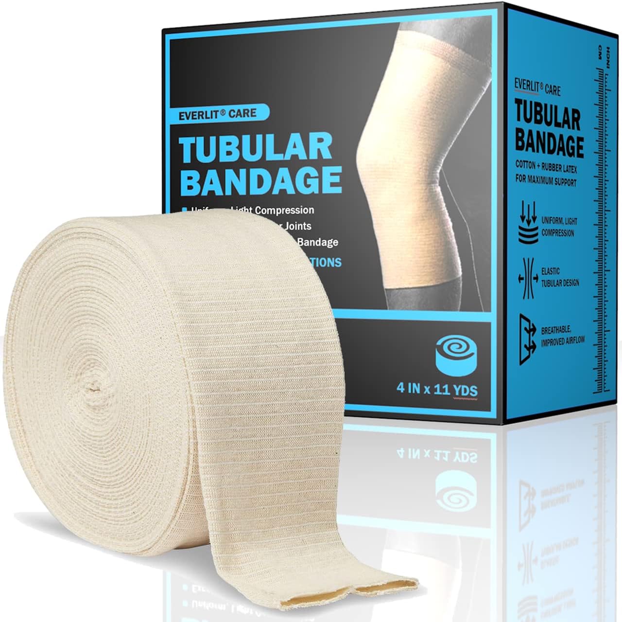 EVERLIT Elasticated Tubular Support Bandage front view of 11 yard roll for compression.