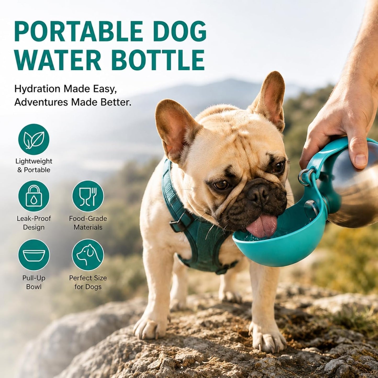 Side view of the no-spill pet bottle demonstrating how water flows into the silicone cup.