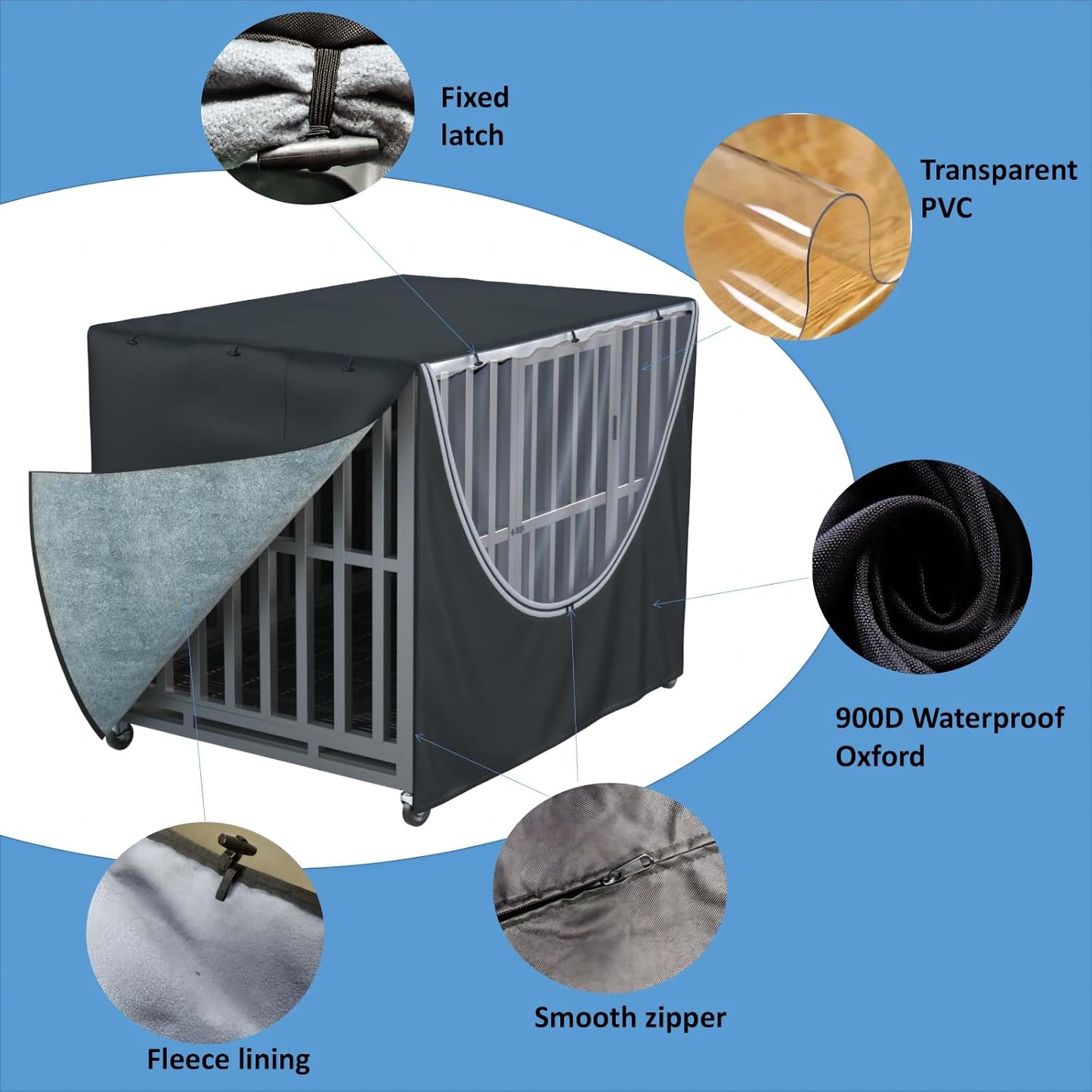 MDHAO fleece lined dog crate cover with rolled up zippered doors for easy access
