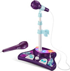 Little Pretender kids karaoke machine front view showing purple base and adjustable stand