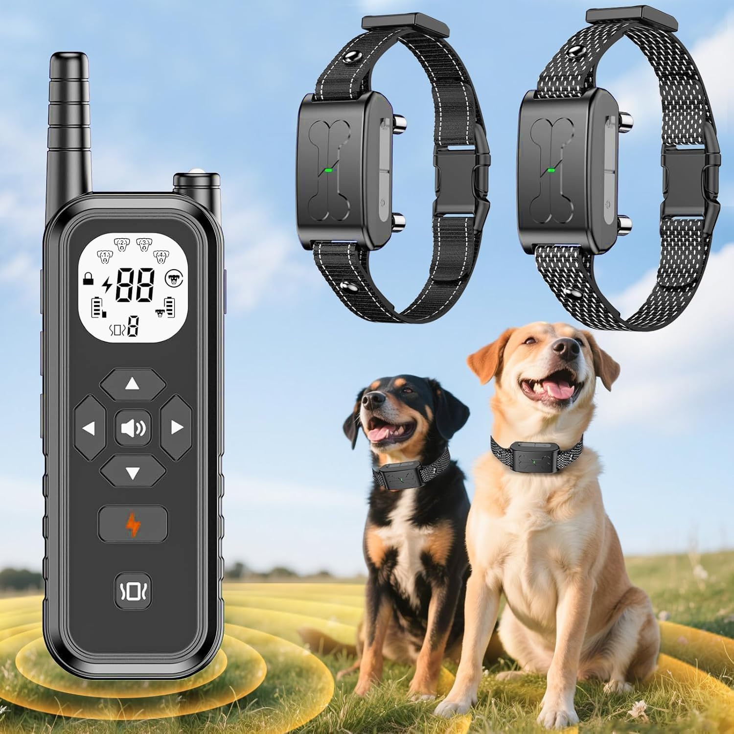 RunFence wireless dog fence system front view showing the remote control and two receiver collars.