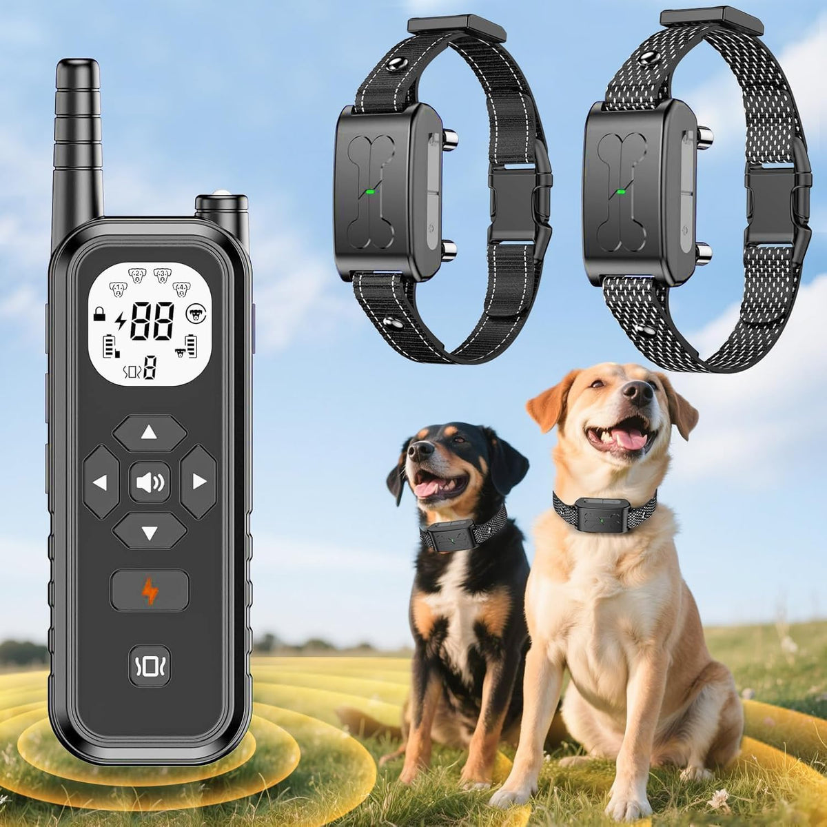 RunFence wireless dog fence system front view showing the remote control and two receiver collars.