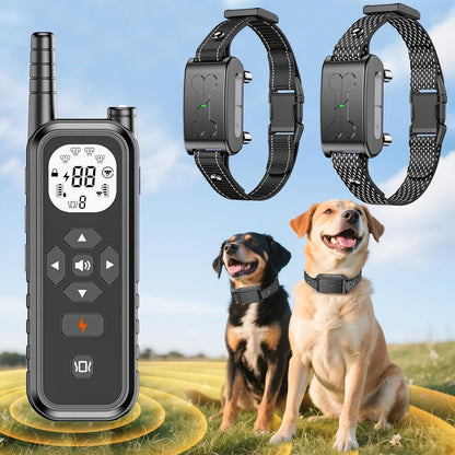RunFence wireless dog fence system front view showing the remote control and two receiver collars.