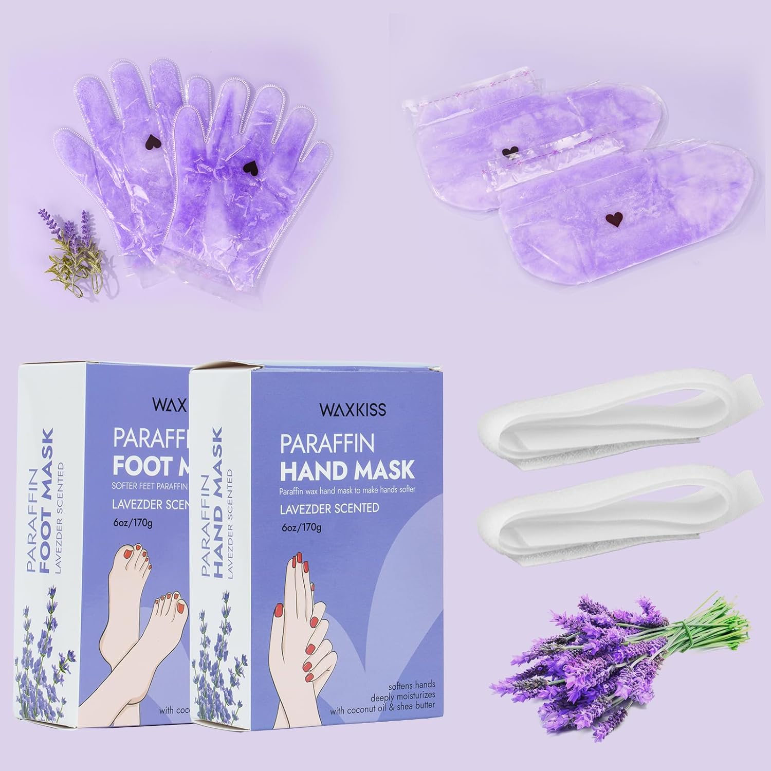 Wewax paraffin hand and foot mask purple gloves and boots front view for intense hydration