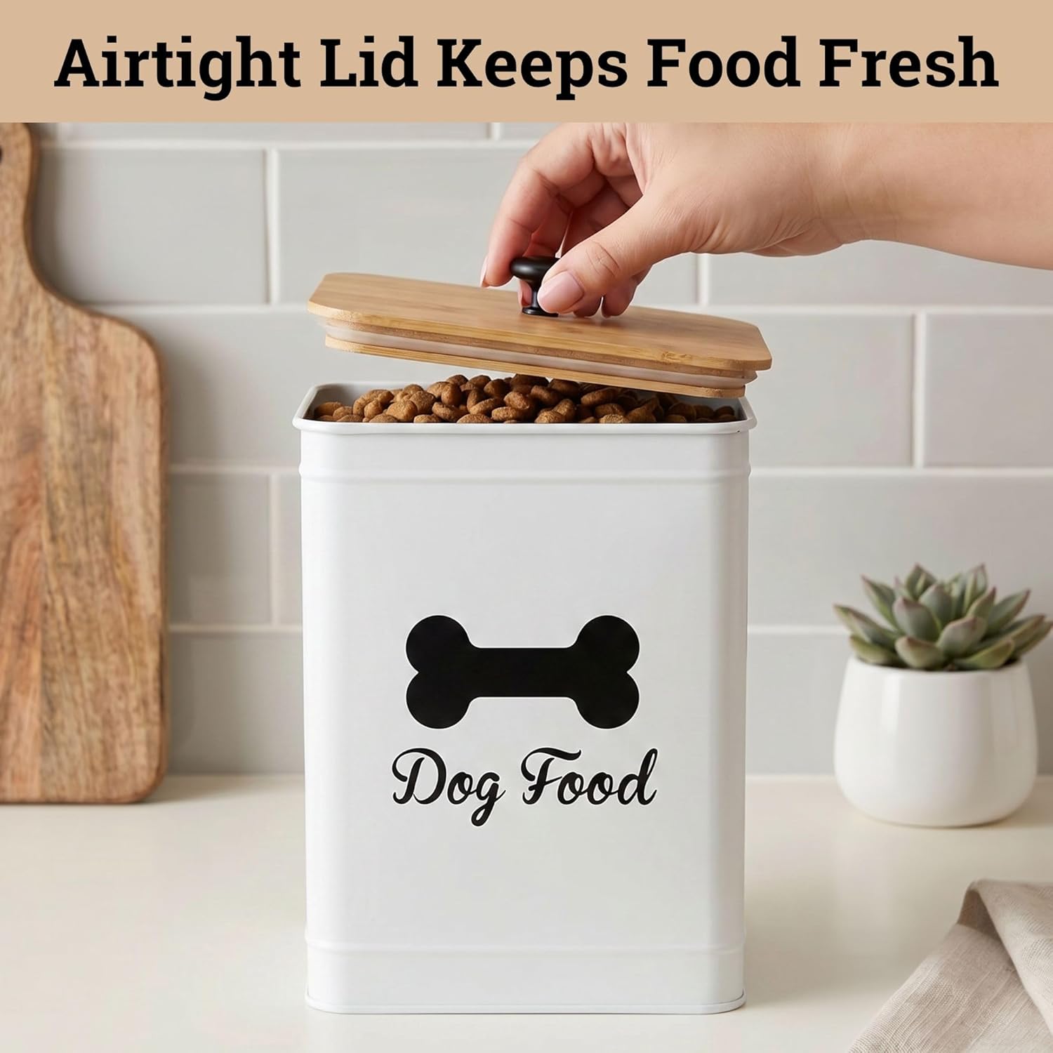 Matte white powder coated iron dog food container side view