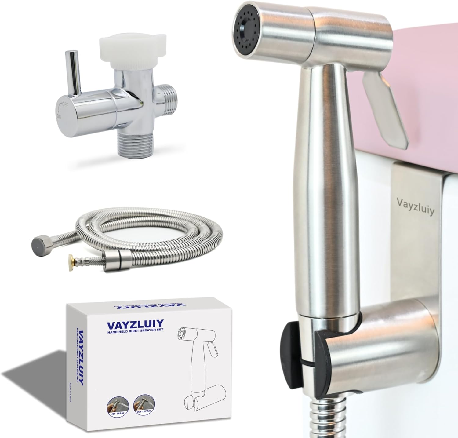 Vayzluiy handheld toilet bidet sprayer in brushed nickel finish with hose and wall mount.