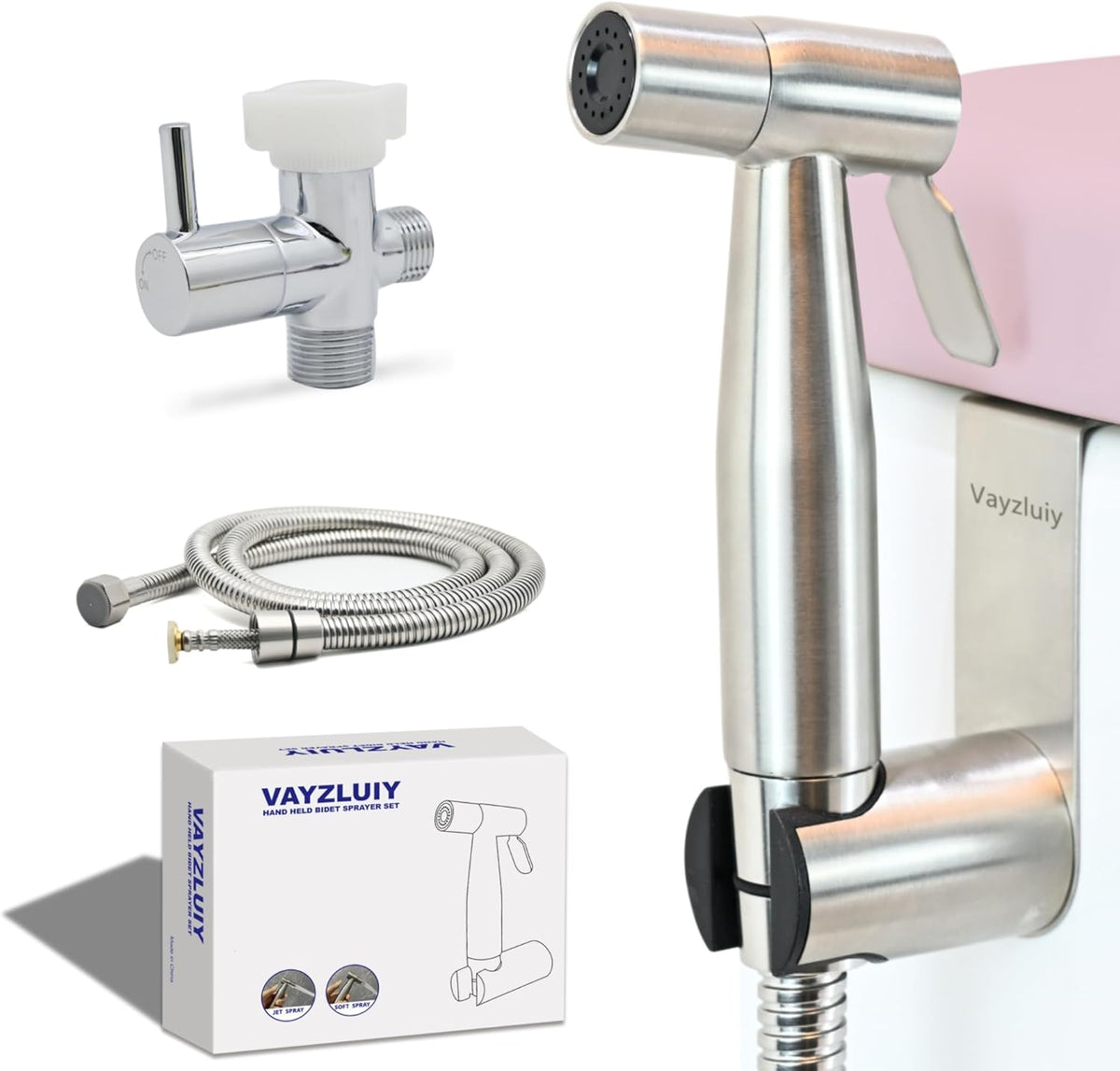 Vayzluiy handheld toilet bidet sprayer in brushed nickel finish with hose and wall mount.