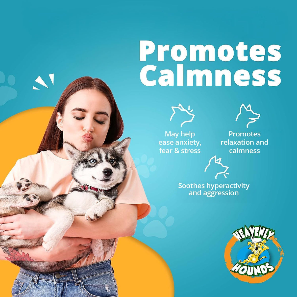 Four pack of Heavenly Hounds dog anxiety relief treats on a plain background
