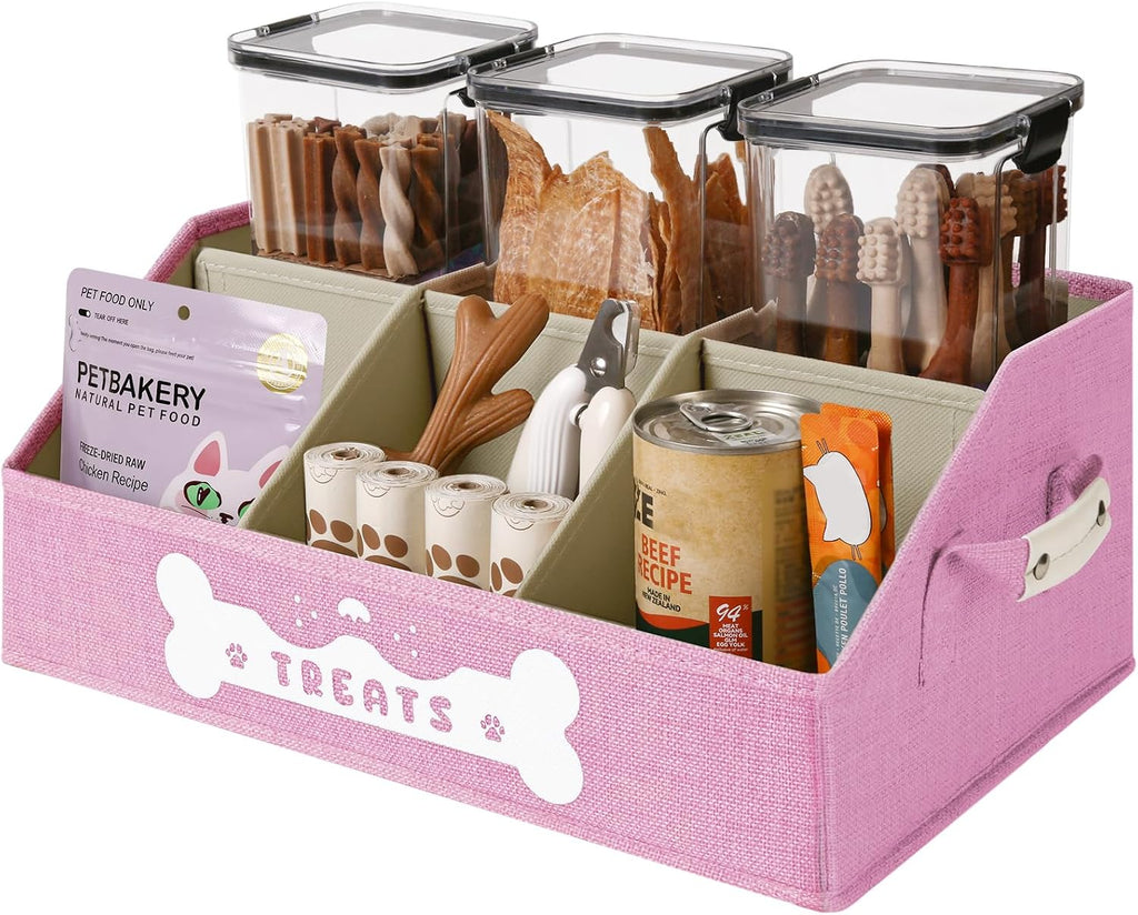 Trapezoid pet treat container showing open front access