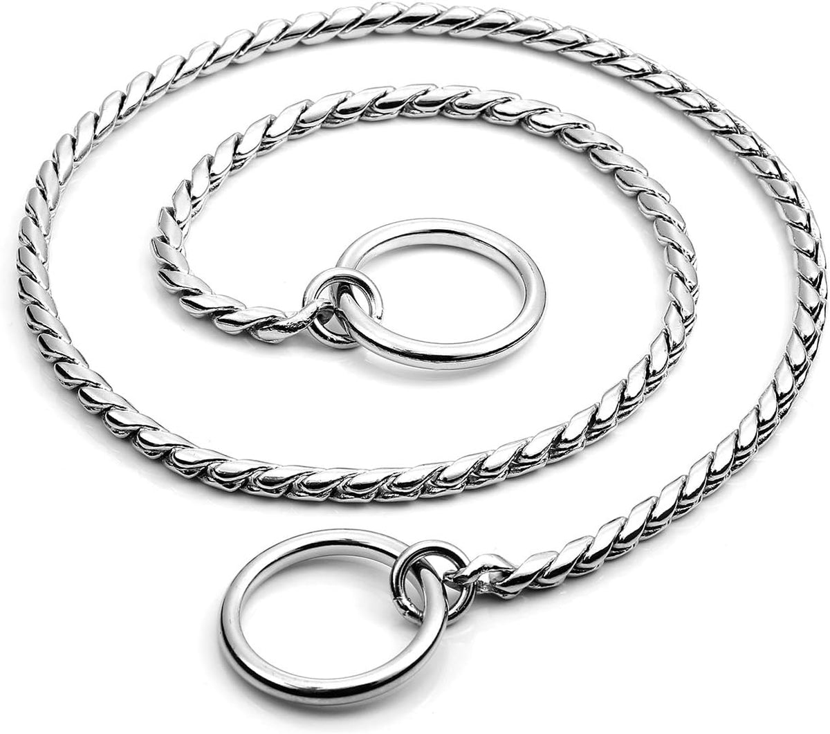 Silver metal snake chain pet slip choker close up view of durable links.