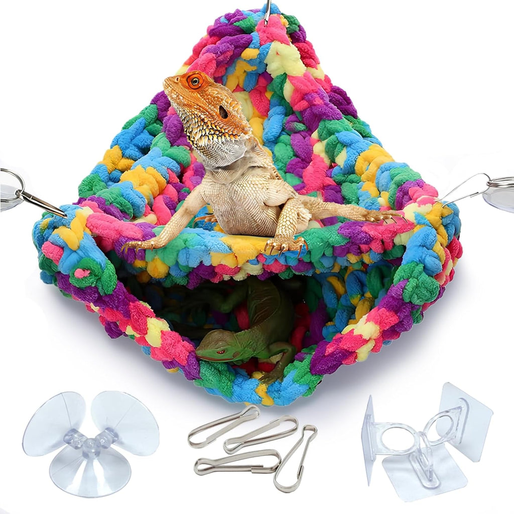 Qwr double-layered reptile hammock front view hanging in terrarium