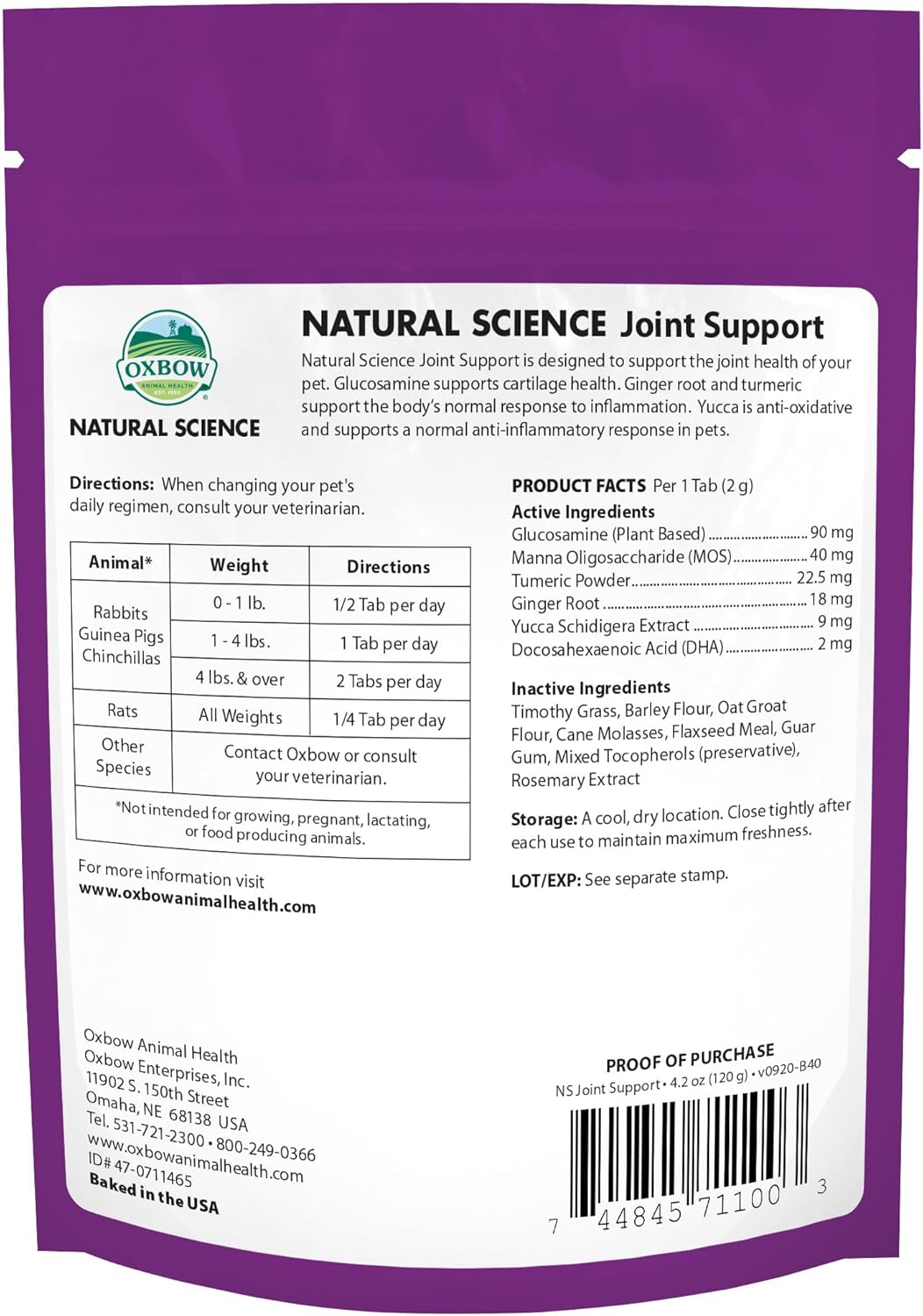 Oxbow small animal joint supplement bag layout