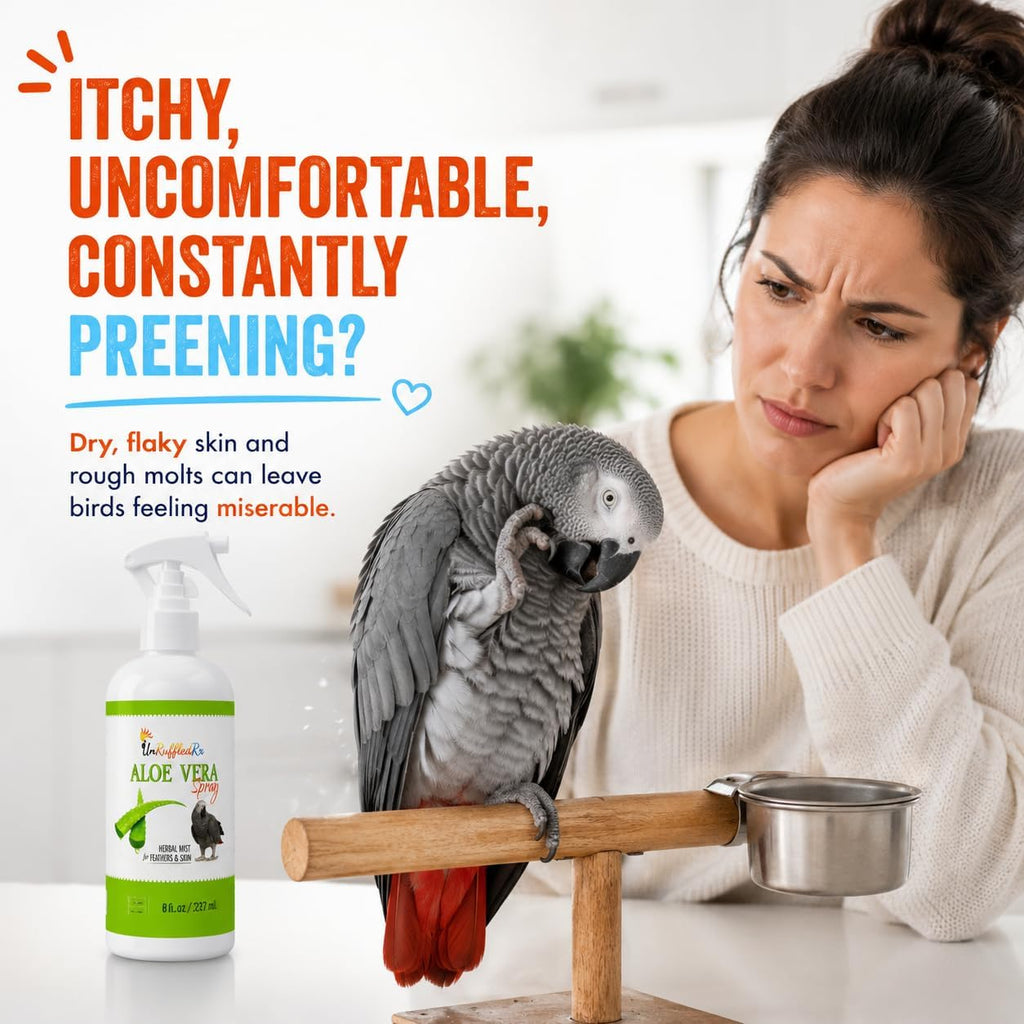 UnRuffledRx bird spray bottle showing natural aloe vera ingredients