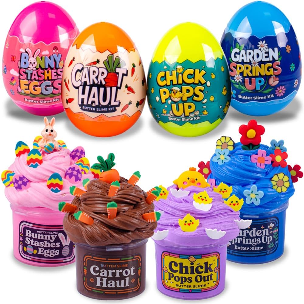Waybla 4-Count Butter Slime in Plastic Eggs showcasing the front packaging view of the imported sensory toy set.