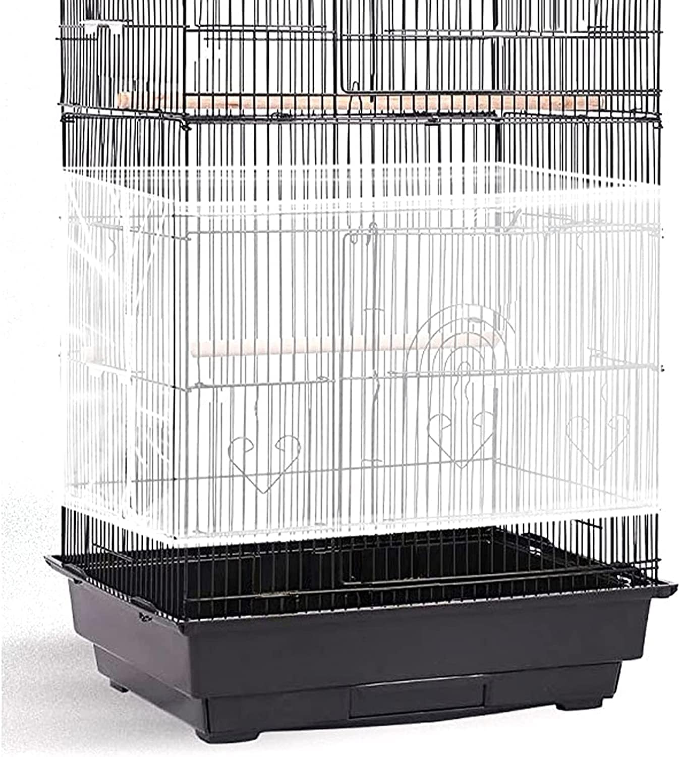 Extra large feather catcher cover stretched over a large square parrot cage.