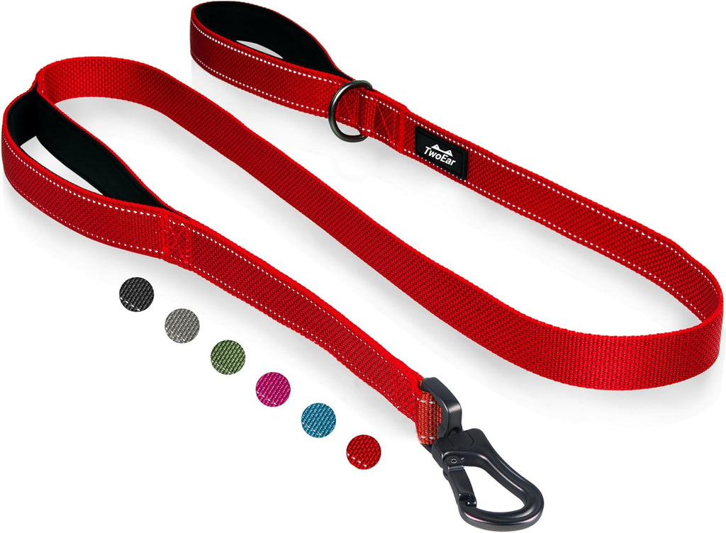 TwoEar black dual handle dog leash spread out flat showcasing all hardware components.