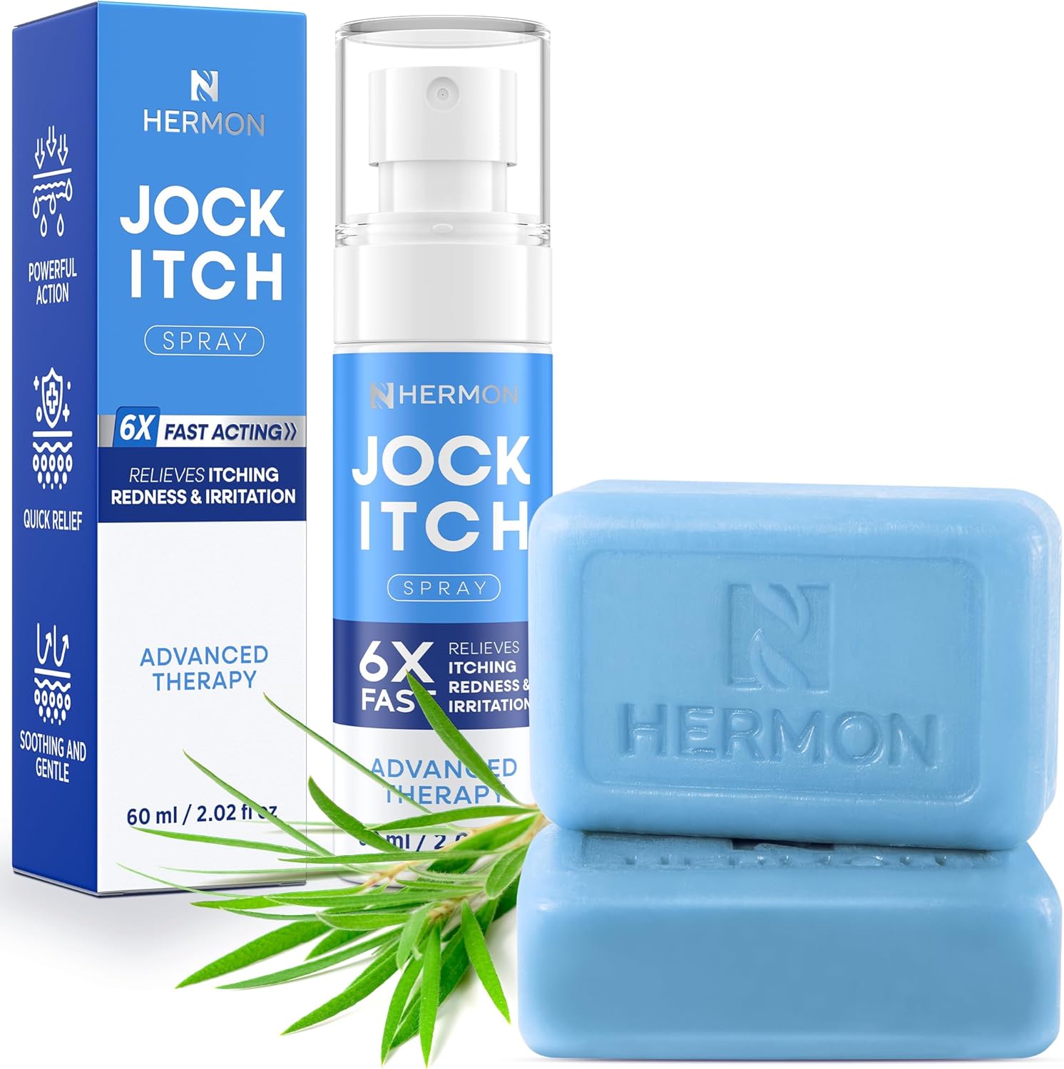 Hermon Antifungal Jock Itch Spray and Soap Kit front view showing the spray bottle and two soap bars.