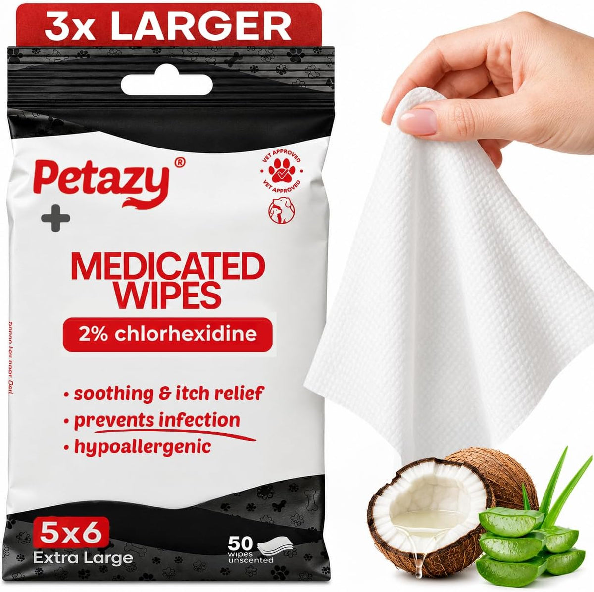 Petazy 2 Percent Chlorhexidine Medicated Wipes front packaging showcasing 50 count extra large sheets.