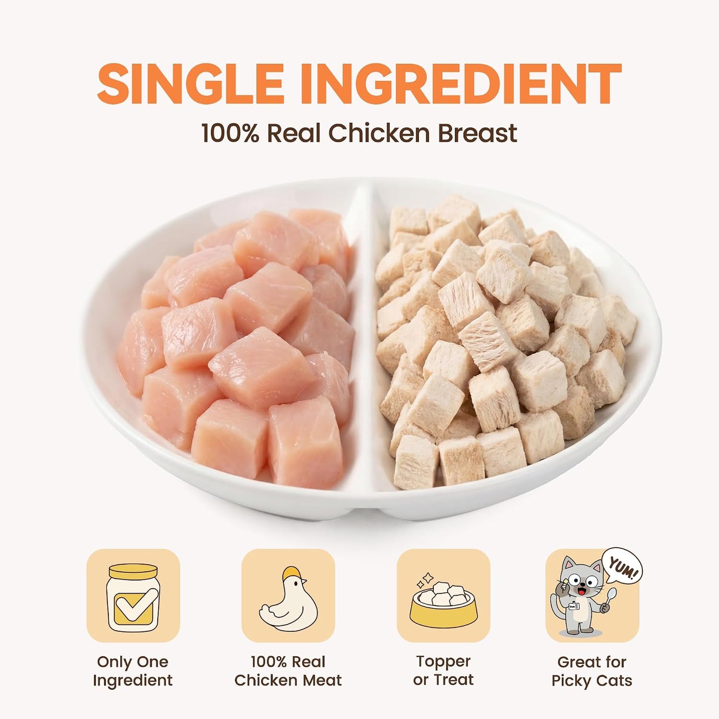 Heckin Yum single ingredient chicken breast snacks poured out on a pet bowl showing texture.