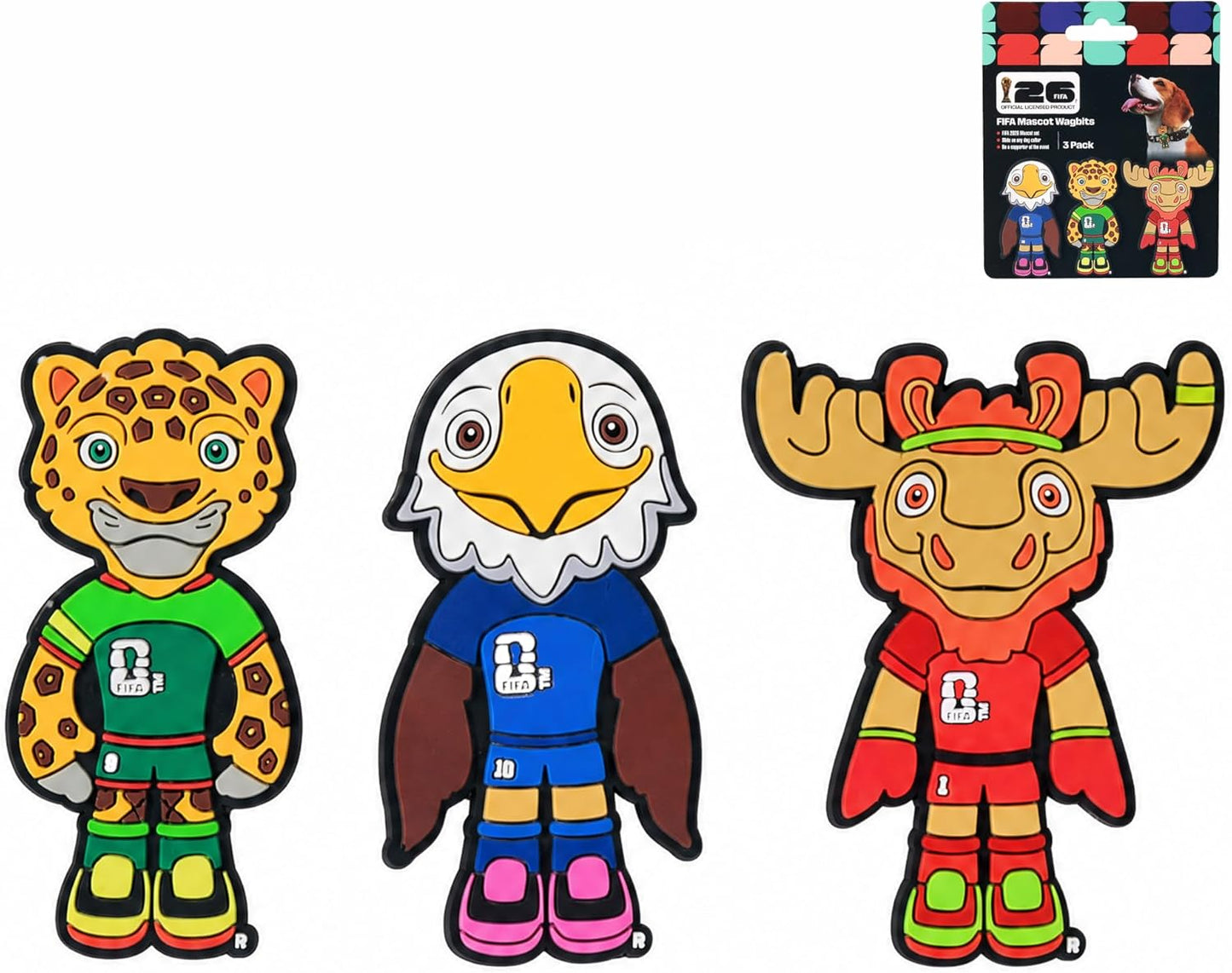 AFP Pet Products FIFA World Cup 2026 mascot collar tag badge front view showing the three host country mascots.