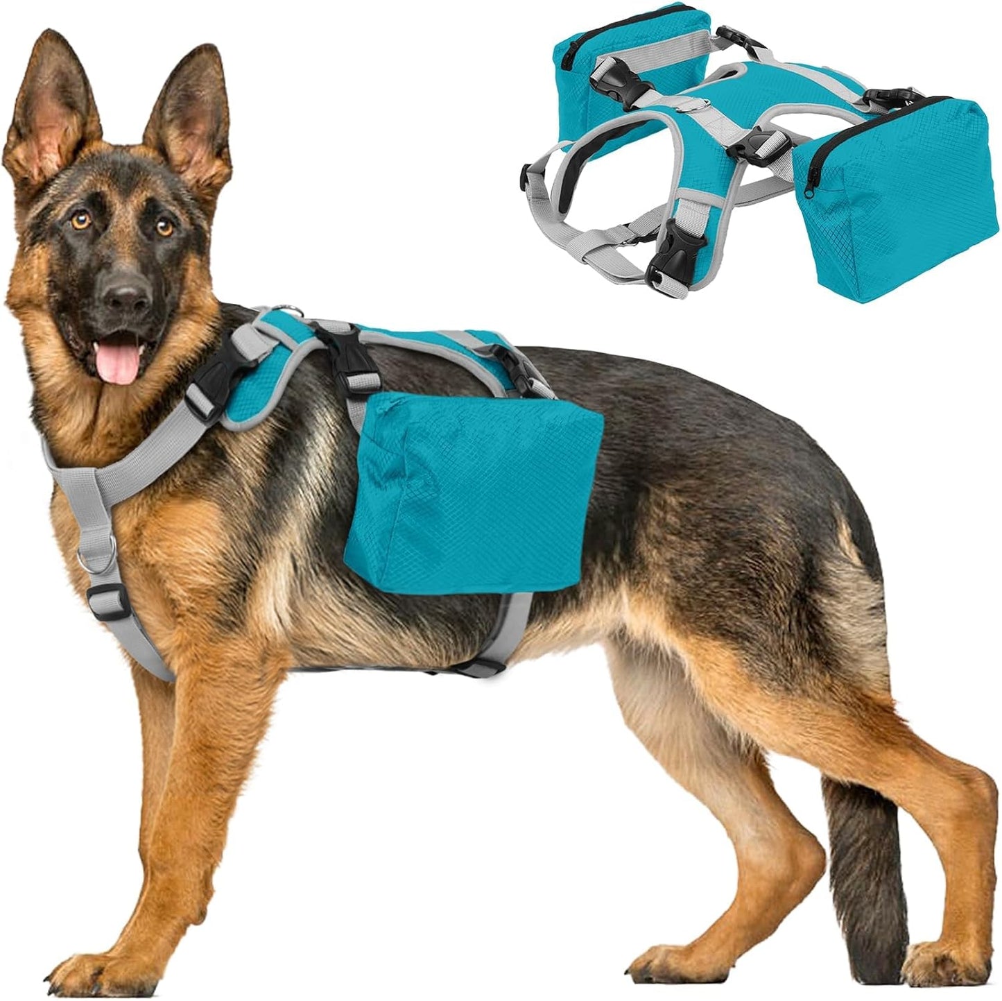 Dora Bridal dog backpack harness in blue large front view on a german shepherd