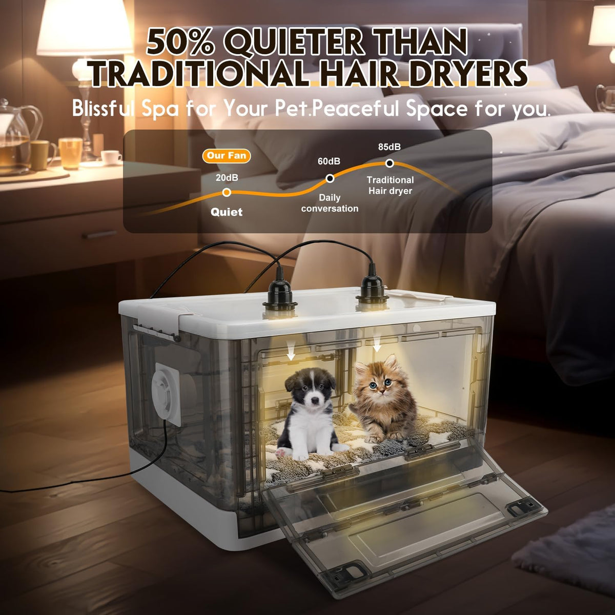 HKDQ pet care station detailing the digital temperature and humidity thermo-hygrometer display.