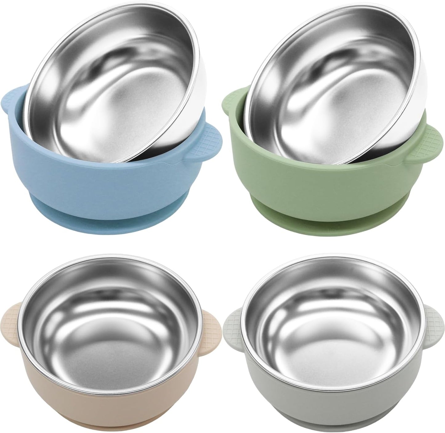 Jveoo 4 Pack Stainless Steel Baby Bowls with blue suction base front view