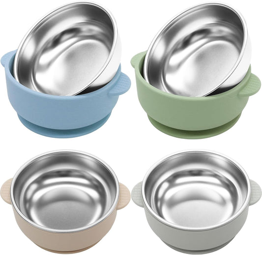 Jveoo 4 Pack Stainless Steel Baby Bowls with blue suction base front view