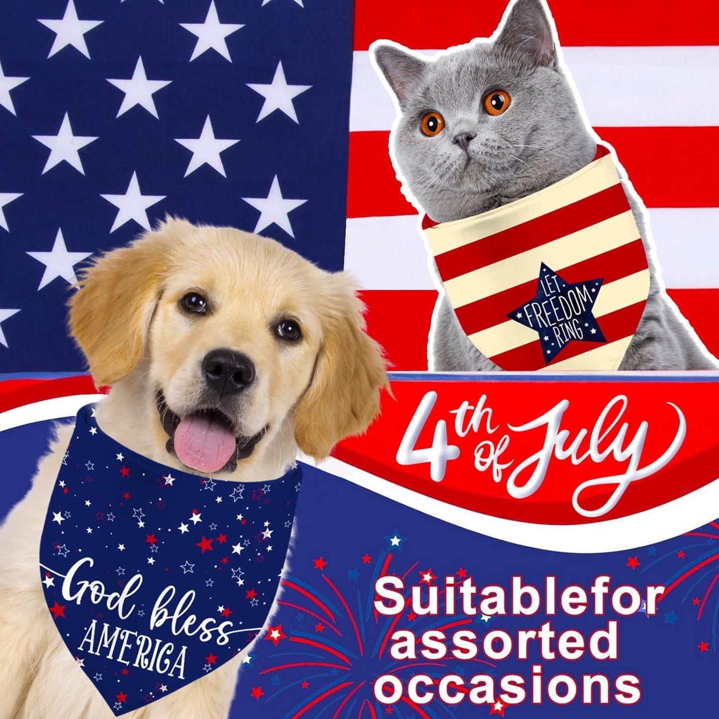 QIRUIMI American flag pet triangle bibs two pack display.