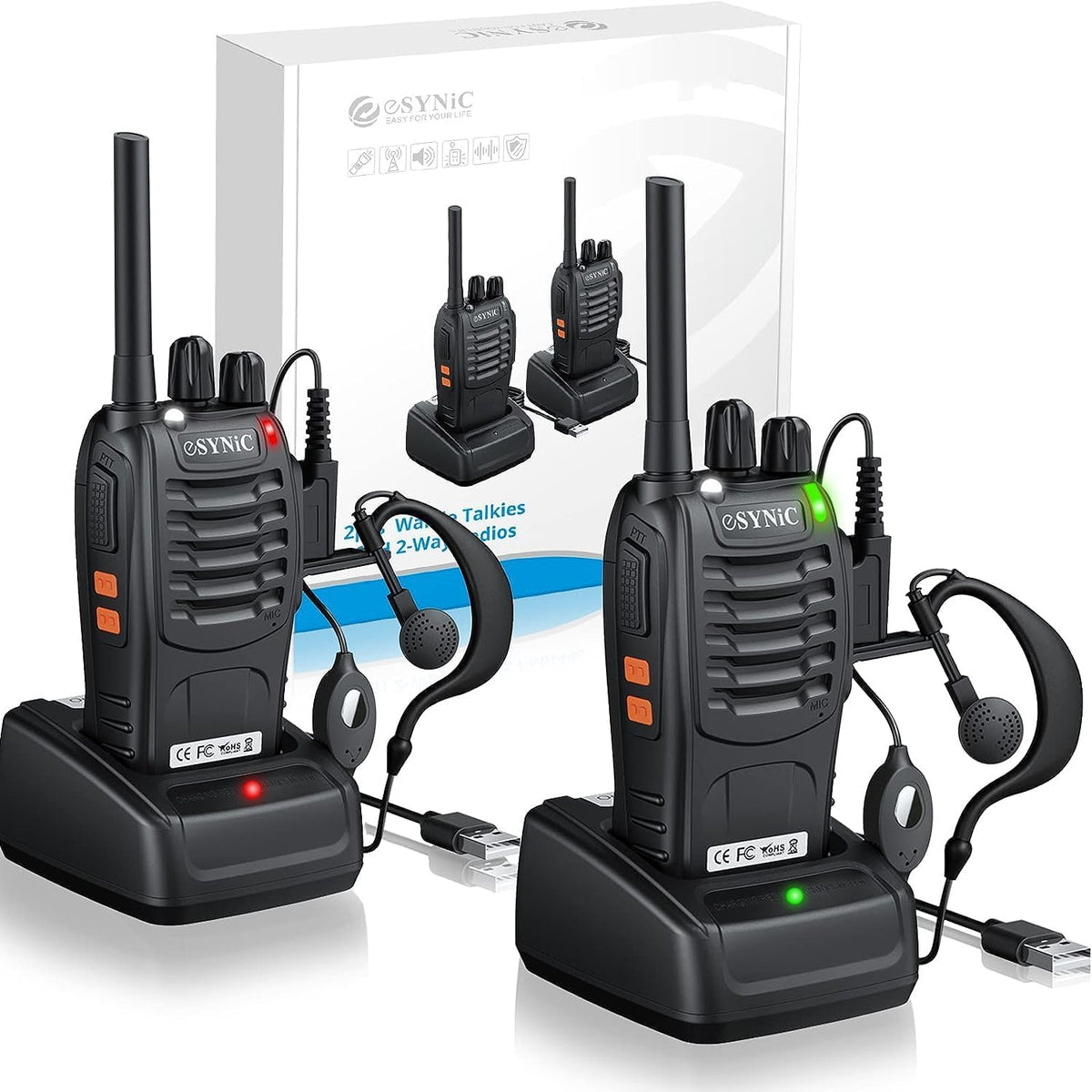eSynic Professional Rechargeable Walkie Talkies front view displaying dual premium handheld radios with antennas