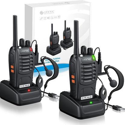 eSynic Professional Rechargeable Walkie Talkies front view displaying dual premium handheld radios with antennas