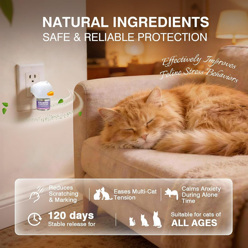 Two white plug-in diffusers and four liquid refills for cat anxiety relief.