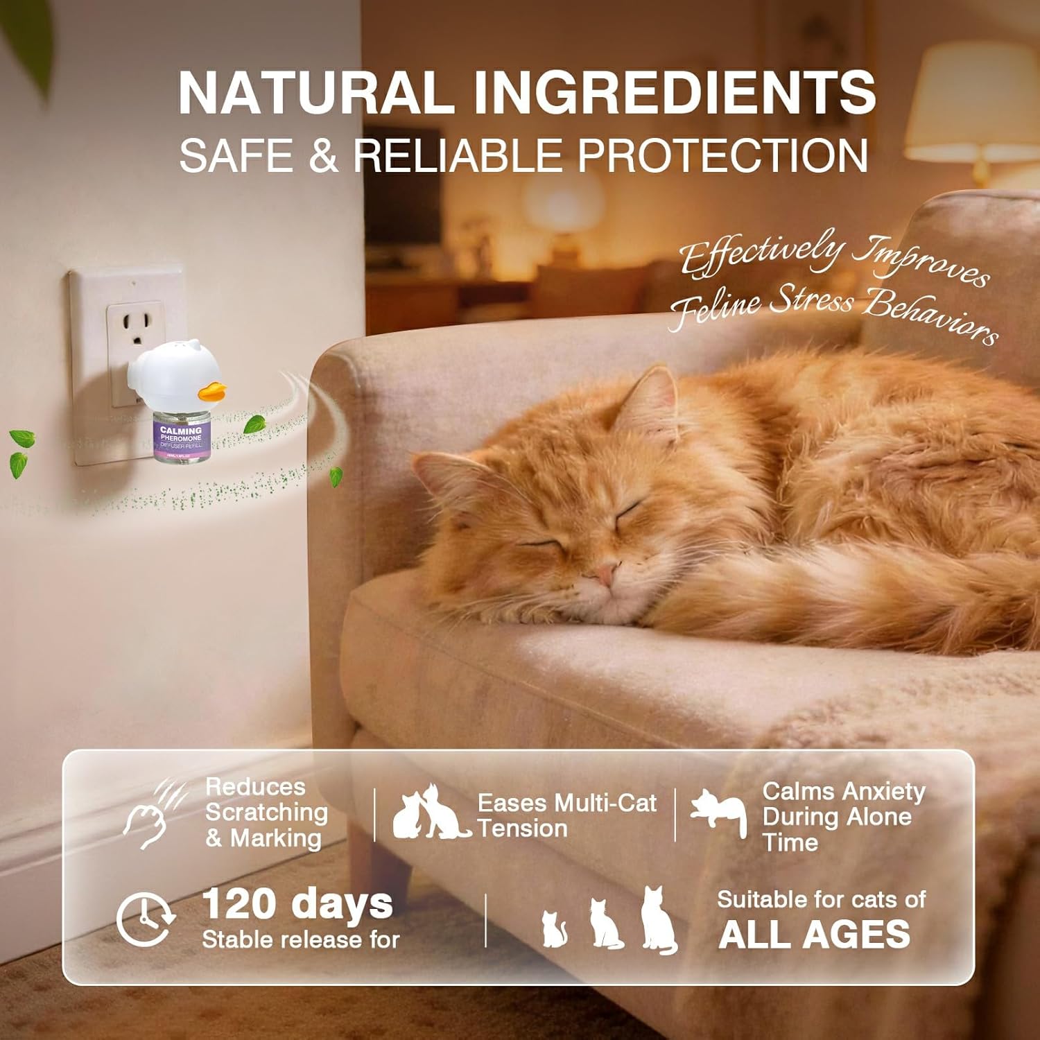 Two white plug-in diffusers and four liquid refills for cat anxiety relief.