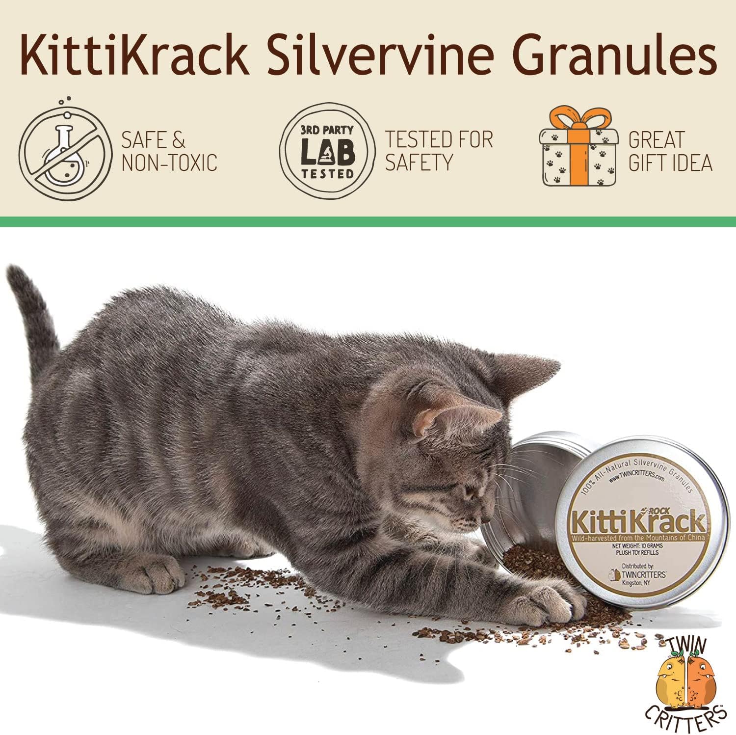 Organic silvervine granules packed in four refill packets for plush cat toys
