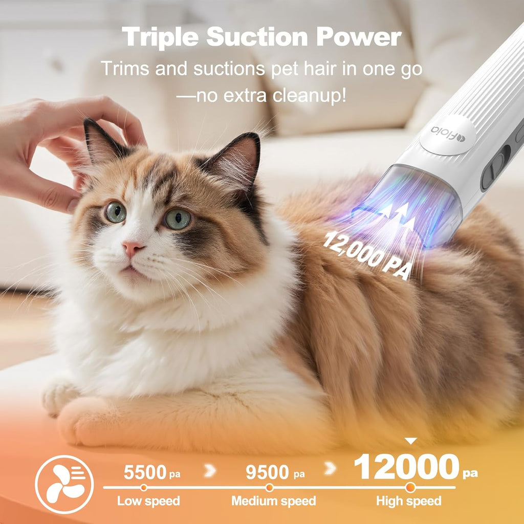 Low noise pet hair remover system being used on a sensitive dog at home