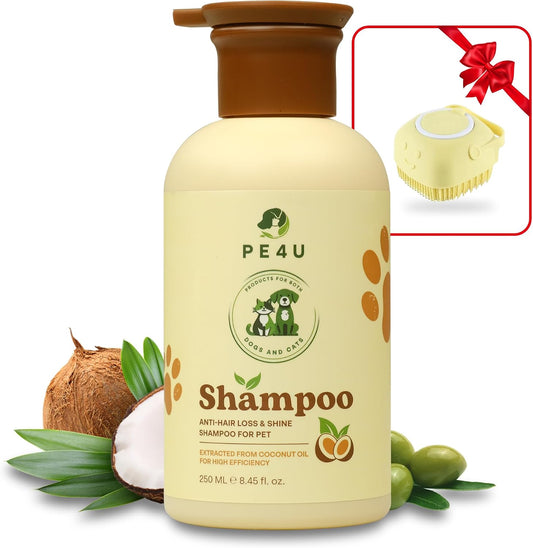 Pe4u Natural Pet Shampoo front view bottle showing coconut and olive oil ingredients