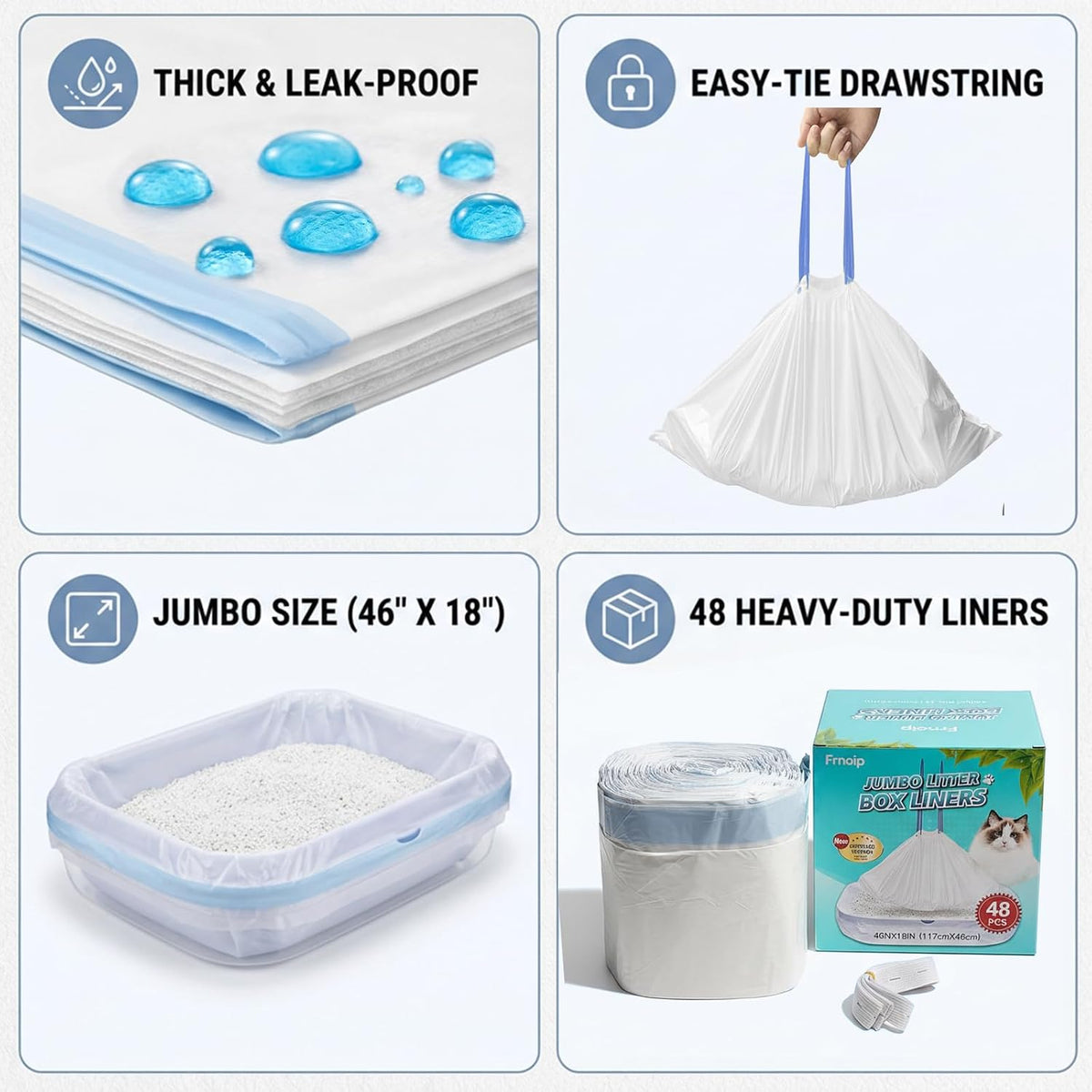 Frnoip extra thick cat litter liners showing the heavy duty three millimeter claw resistant material