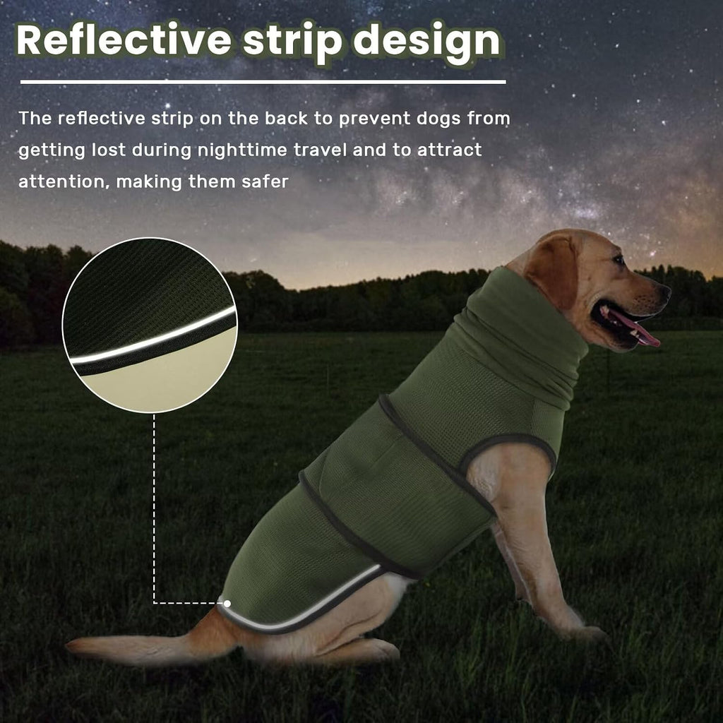 Dog wearing green Idomik anxiety hoodie in a relaxed pose