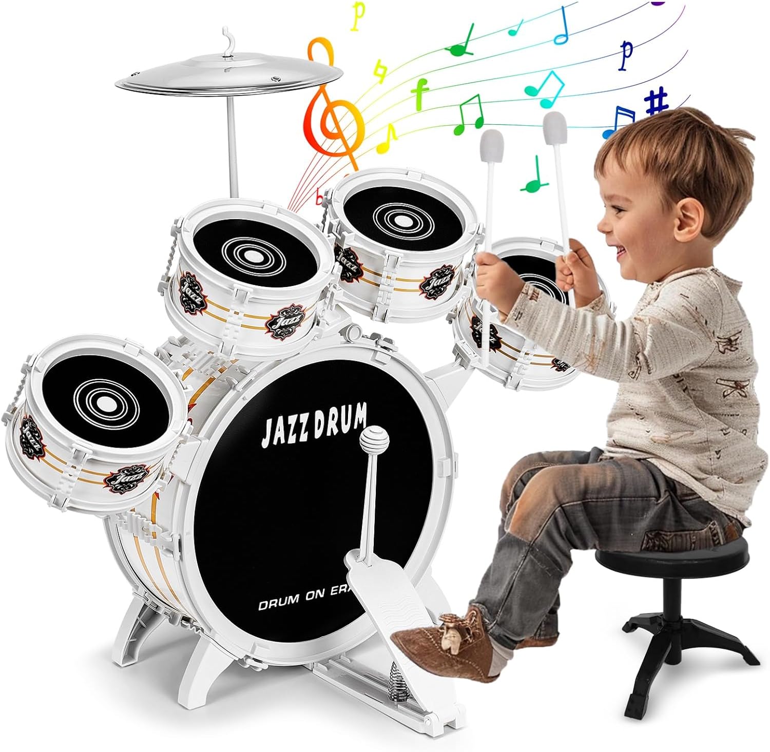 OoneWiser Kids Drum Set front view of black and white musical toy for toddlers.